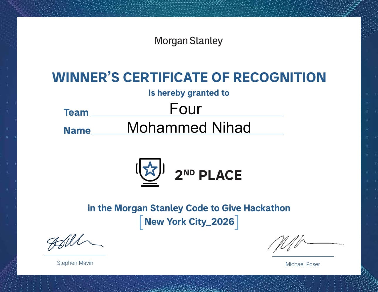 Morgan Stanley Hackathon certificate for Lemontree Volunteer Platform